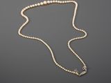 a white pearl necklace with a silver clasp on a gray background