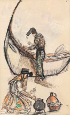 drawing of a man and woman in a boat with a fish net