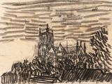 dessin représentant une ville avec une église en arrière-plan