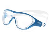 Les lunettes sont transparentes et bleues, avec des verres transparents.