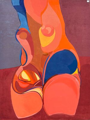 une image représentant un tableau où l'on voit une femme assise sur une surface rouge