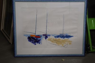 Gouache contemporaine non signée "Voiliers" encadrée sous ve…