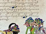 an old manuscript with a drawing of a man on a horse and a woman on a horse