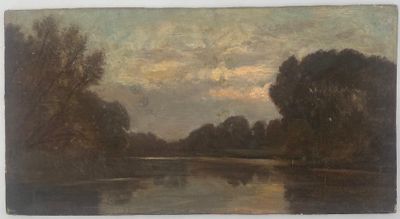 l'image d'une peinture représentant une rivière avec des arbres en arrière-plan