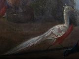 a painting of a peacock and a bird on a table