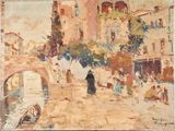 an image of a painting of a street scene with people walking