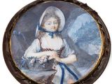 tableau représentant une femme coiffée d'un bonnet et tenant un panier de fleurs