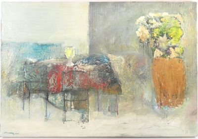 une peinture de fleurs dans un vase sur une table