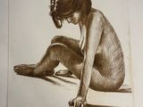 drawing of a nude woman sitting on the ground with her hands on her knees