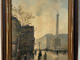 painting of a street scene with people walking and a clock tower in the background