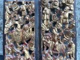 pair of antique chinese carved wood plaques with figures