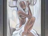 painting of a woman sitting on a bed with a towel on her head