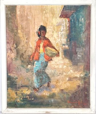École du XXe. "Femme au panier", huile sur toile (61 x 50 cm…