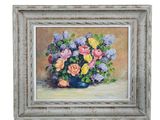 an oil painting of flowers in a vase on a table