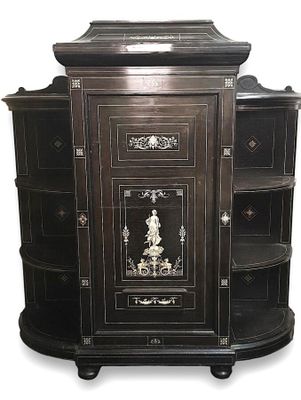 a black cabinet with a mirror on top of it
