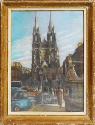 an oil painting of a church in a city with cars parked in front of it