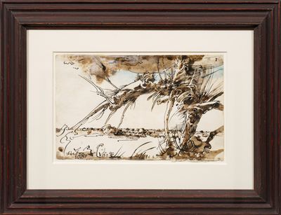 an image of a painting of a tree with birds flying by