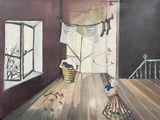 a painting of a doll in a room with clothes hanging on a line