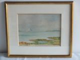 painting of a view of a body of water with a sailboat in the distance