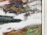 an oil painting of a snowy landscape with a stream in the foreground