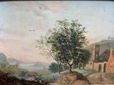 painting of a landscape with a river and a village in the distance