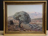 an oil painting of a landscape with a lone tree in the foreground
