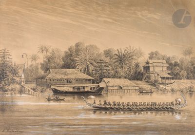 dessin représentant une scène fluviale avec un bateau et plusieurs personnes en canoë