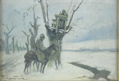 un tableau représentant un homme à cheval près d'un arbre