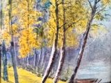 painting of a boat on a river surrounded by trees and grass