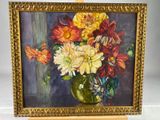a painting of flowers in a vase on a table