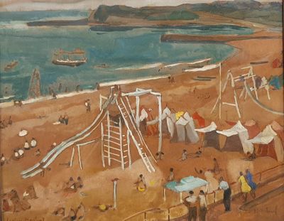 a painting of a beach scene with people on the sand