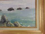 a picture of a painting of rocks in the water