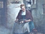 tableau représentant une vieille femme assise dans une cuisine, avec un chat sur l'épaule