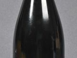 bottle of red wine sitting on a table with a gray background