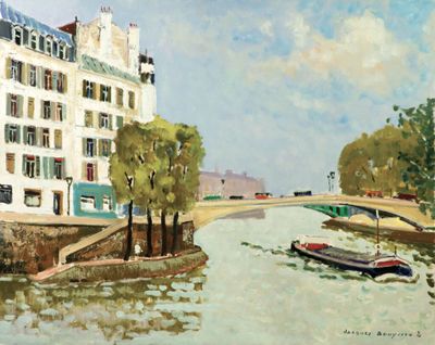 une peinture représentant un bateau sur l'eau, devant un immeuble