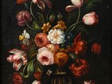 a painting of flowers in a glass vase on a table