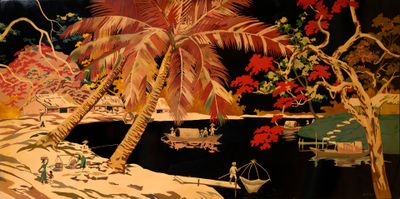 une peinture représentant un palmier dans un décor tropical