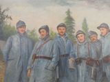 un tableau représentant un groupe d'hommes en uniformes bleus