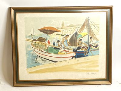 tableau représentant un groupe de personnes à bord d'un bateau sur un plan d'eau