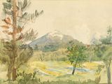 une aquarelle représentant un champ avec des arbres et une montagne en arrière-plan
