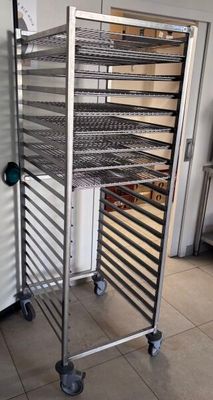 an image of a metal rack with a tray of food on it