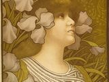 tableau représentant une femme en robe jaune, avec des fleurs dans les cheveux