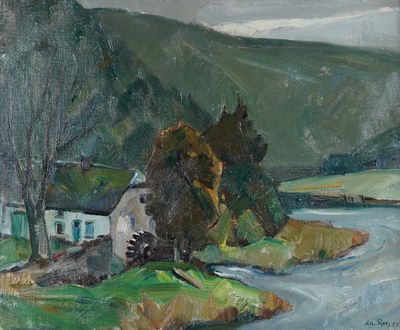 an oil painting of a river running through a lush green field