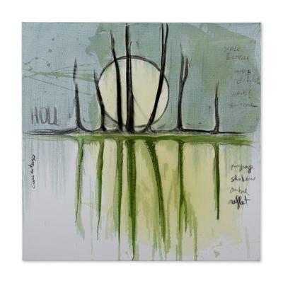 une peinture abstraite représentant des arbres et une lune dans le ciel
