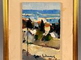 an oil painting of a view of a beach with houses and trees