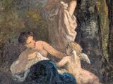 an image of a painting of a woman and a child in a wooded area
