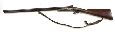 an old gun with a wooden barrel and a sling on a white background