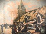 a painting of a church with people standing outside of it