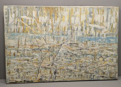 peinture abstraite représentant un paysage urbain avec de nombreux gratte-ciel