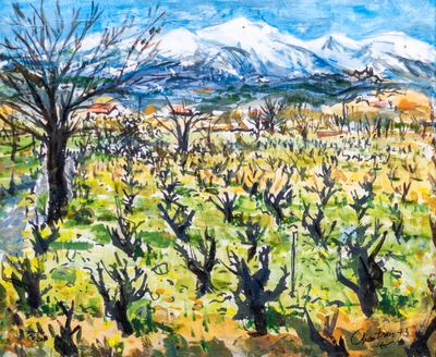 an image of a painting of a field with trees and mountains in the background